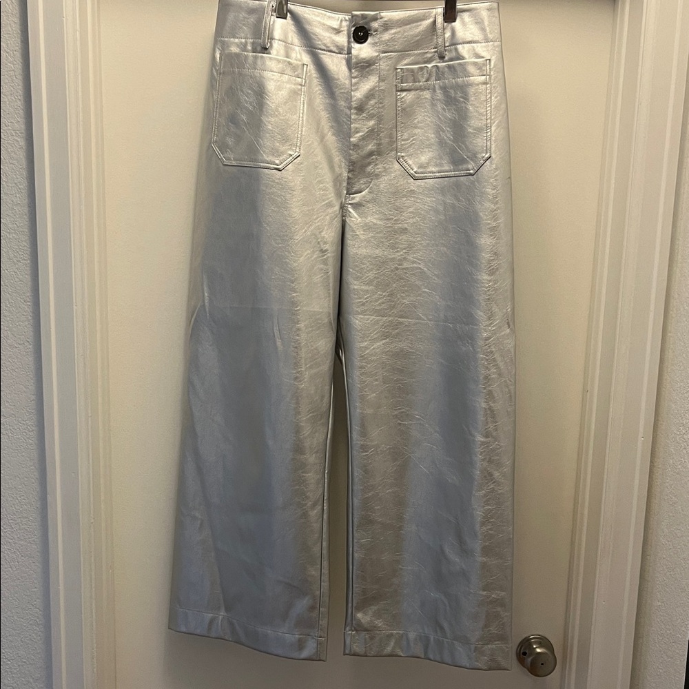 Maeve Silver Women's vegan leather wide leg ankle pants